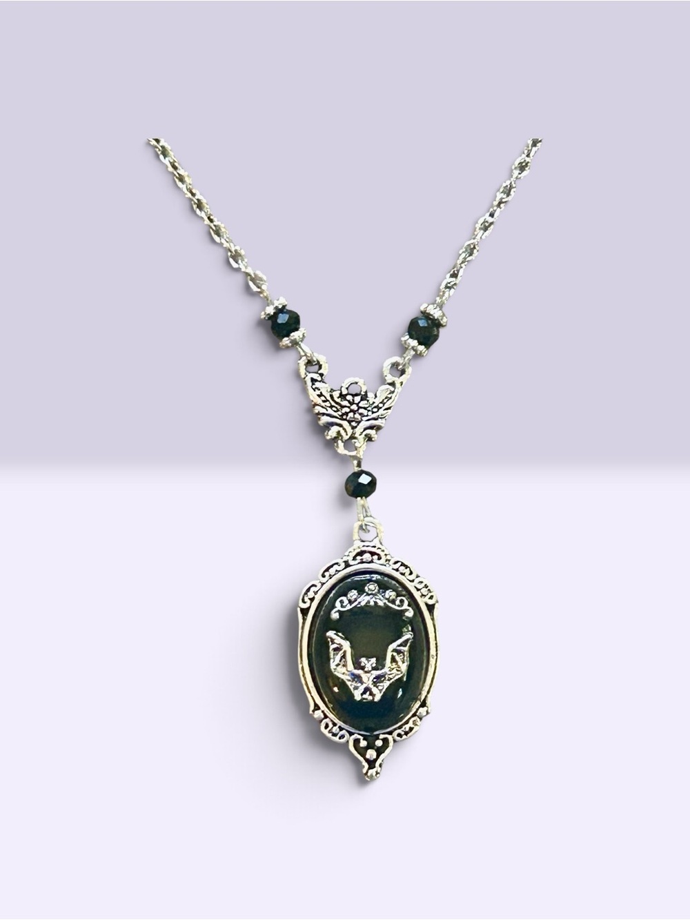 Vintage-Inspired Silver Black Bat Pendant Necklace
